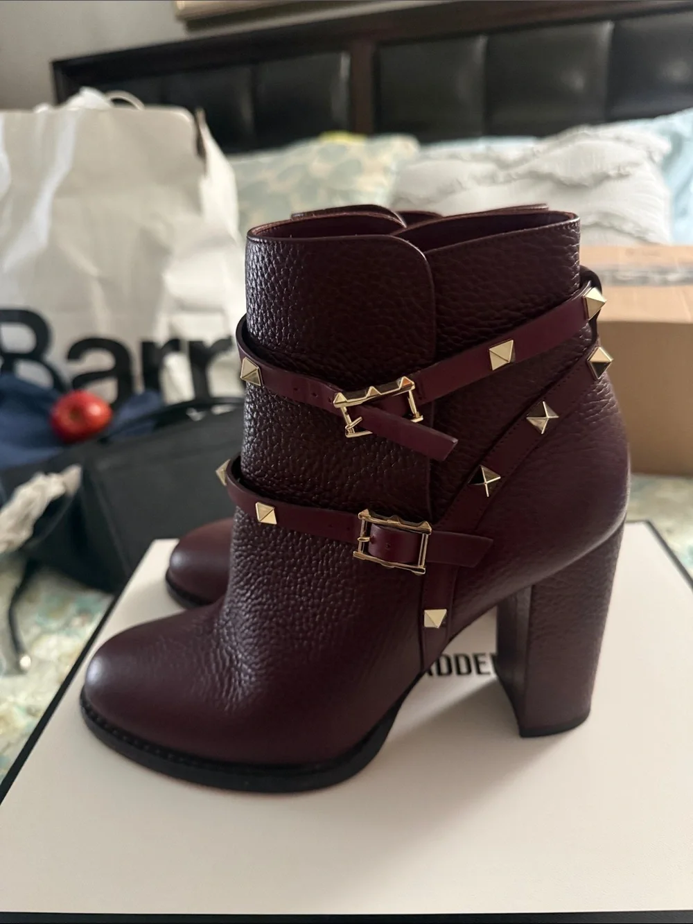 Valentino Garavani Wine Red Studded Leather Ankle Booties